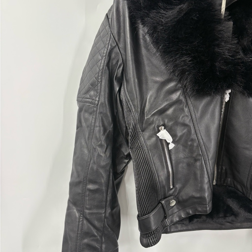 NWT Bellivera Faux Fur Black Leather Moto Biker Jacket size Large - Picture 4 of 9